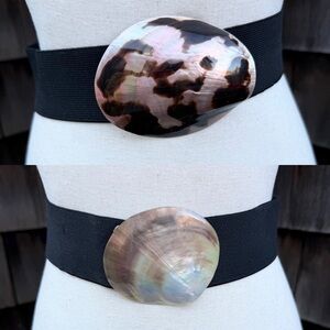 Vintage real shell buckle elastic black belt set 2 buckles sz M Charmant Belts